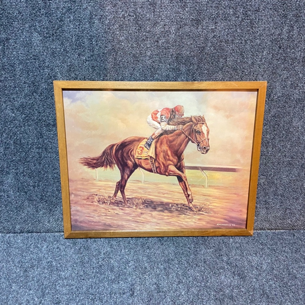 Vintage RH Needles Horse Racing Print 1993 Framed Thoroughbred Jockey Art 21x17